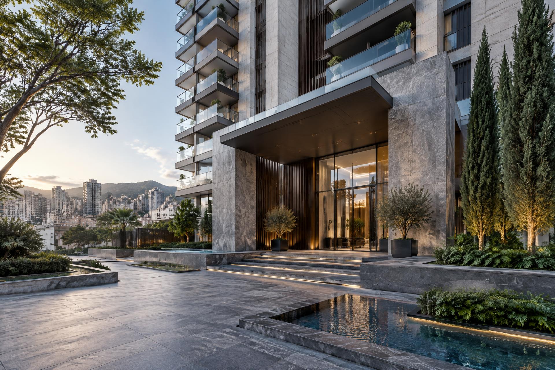 Entrada monumental de edifício residencial de alto padrão
